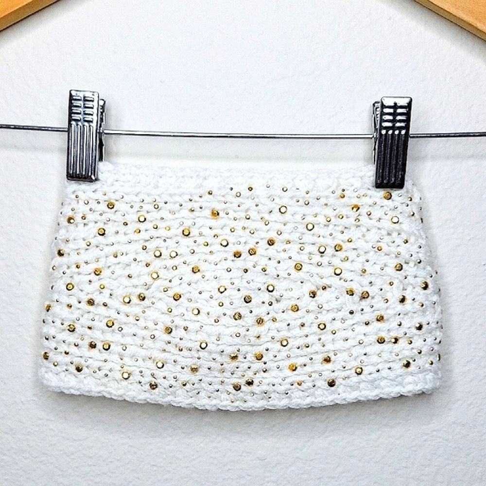 DAVID & YOUNG NWT White Gold Hand Knit Headband Ear Warmer OS Buttons Snow Cold